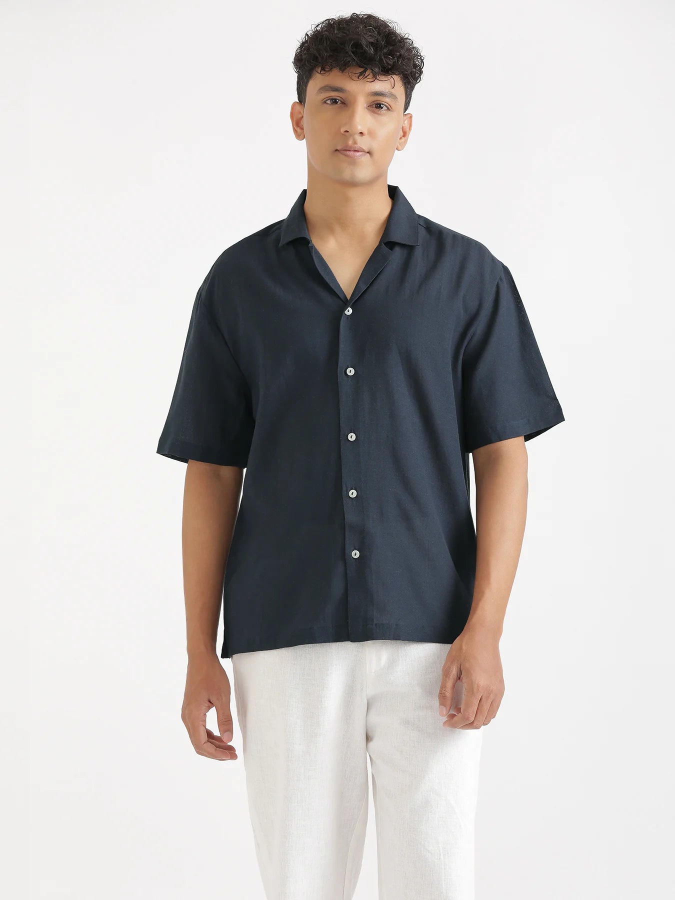 Men Flowy Linen Cuban Collar Navy Blue Shirt
