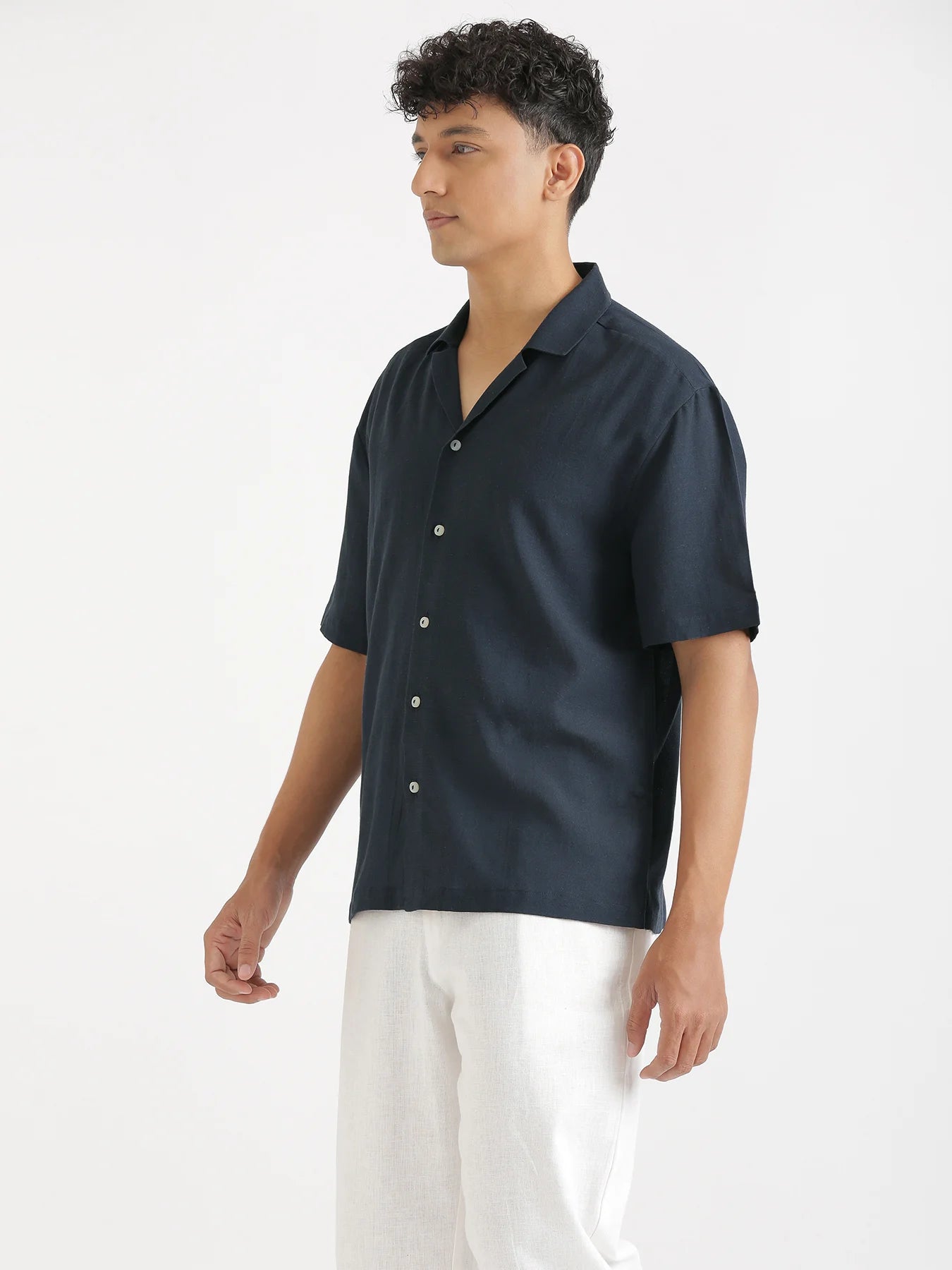 Men Flowy Linen Cuban Collar Navy Blue Shirt
