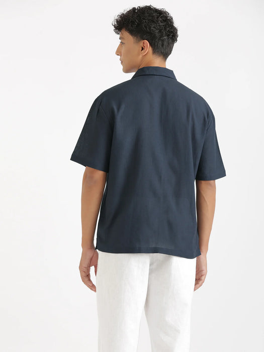 Men Flowy Linen Cuban Collar Navy Blue Shirt