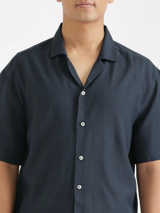 Men Flowy Linen Cuban Collar Navy Blue Shirt