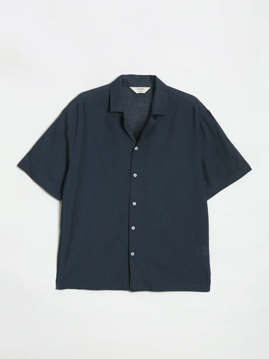 Men Flowy Linen Cuban Collar Navy Blue Shirt
