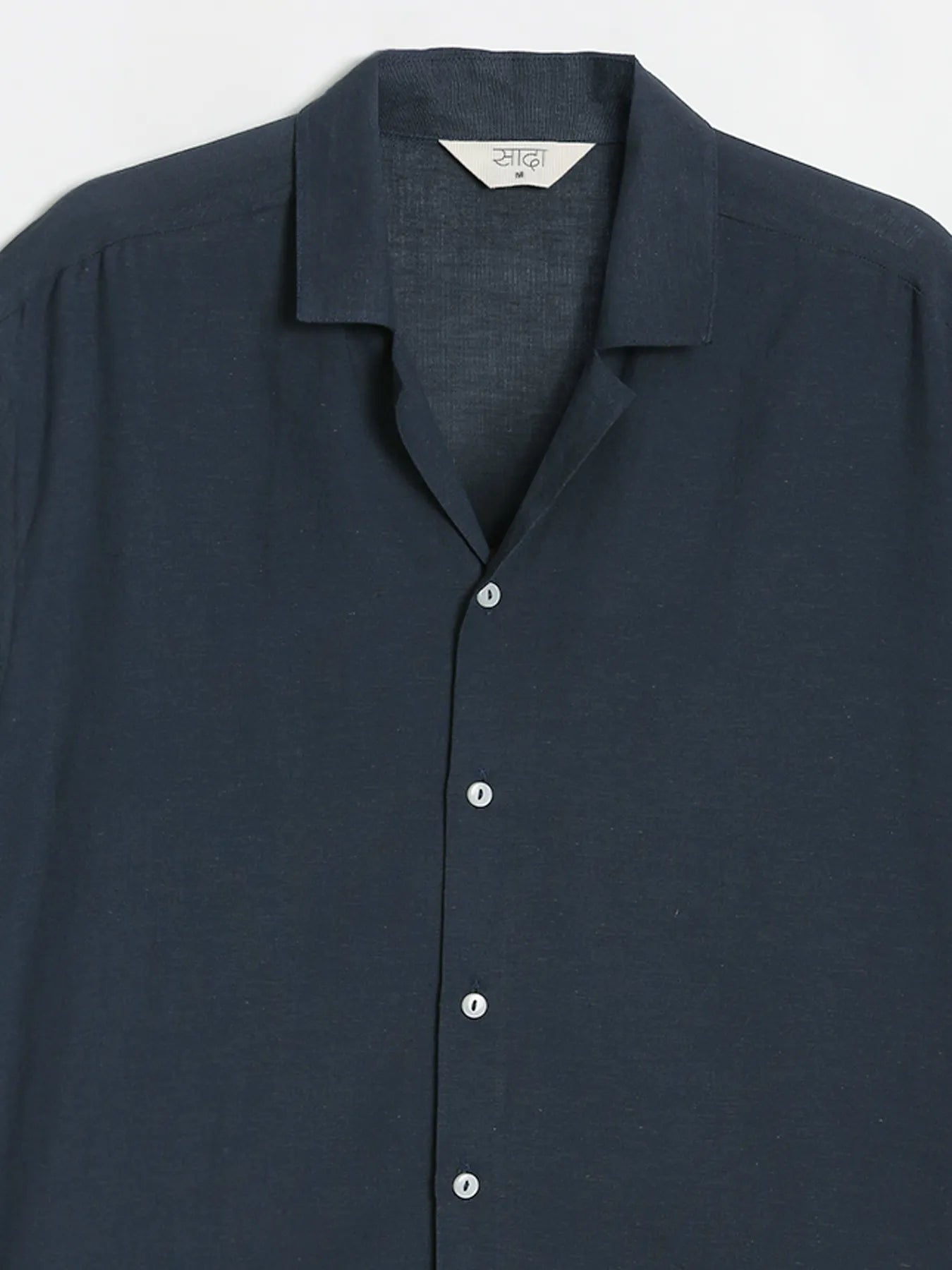 Men Flowy Linen Cuban Collar Navy Blue Shirt