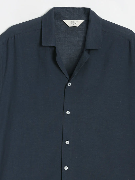 Men Flowy Linen Cuban Collar Navy Blue Shirt