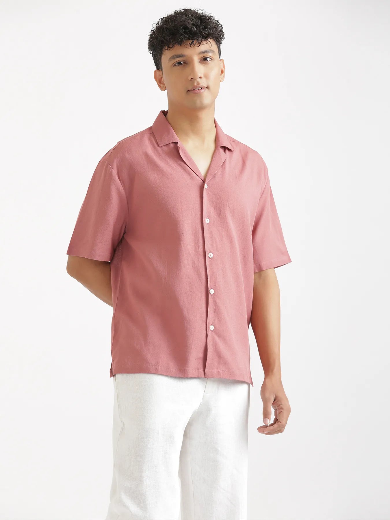 Men Flowy Linen Cuban Collar Rose Taupe Shirt