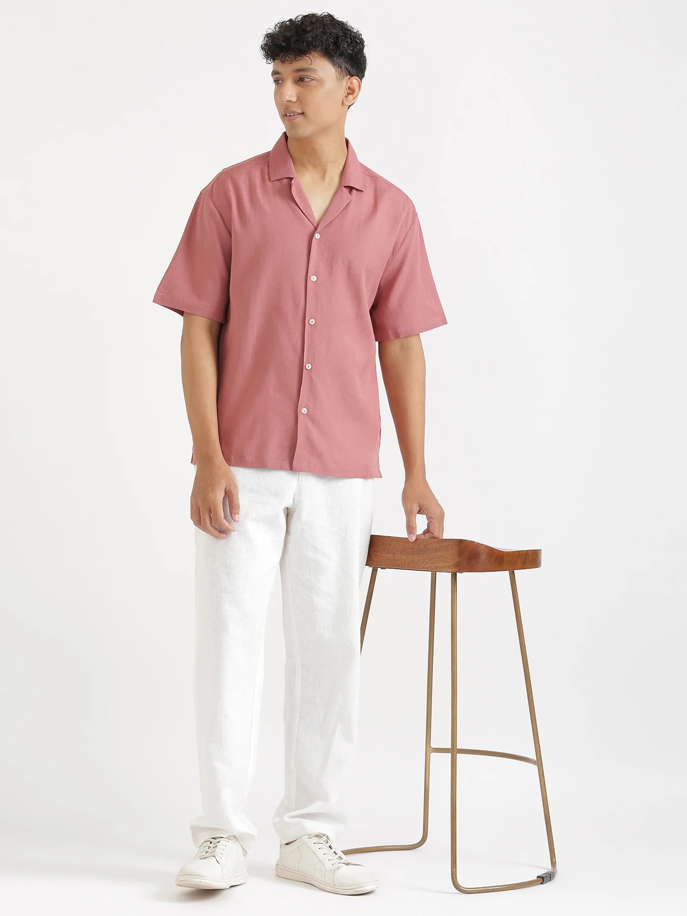 Men Flowy Linen Cuban Collar Rose Taupe Shirt