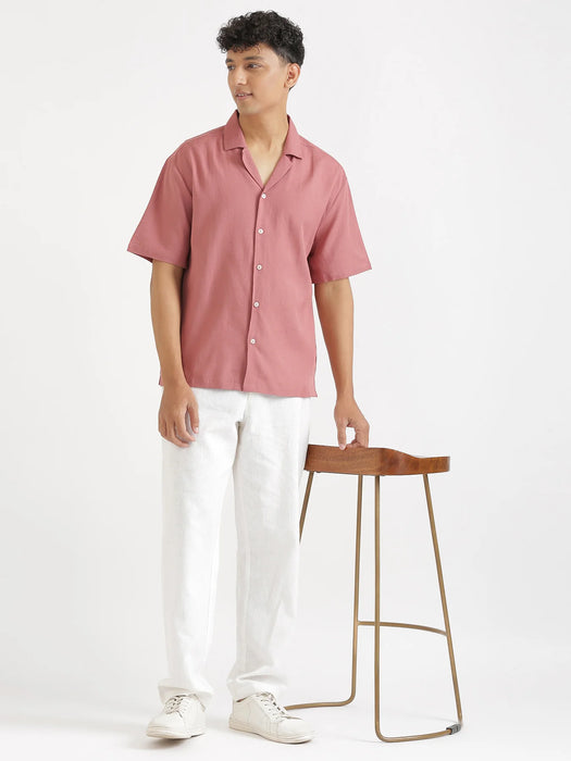 Men Flowy Linen Cuban Collar Rose Taupe Shirt