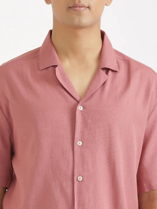 Men Flowy Linen Cuban Collar Rose Taupe Shirt