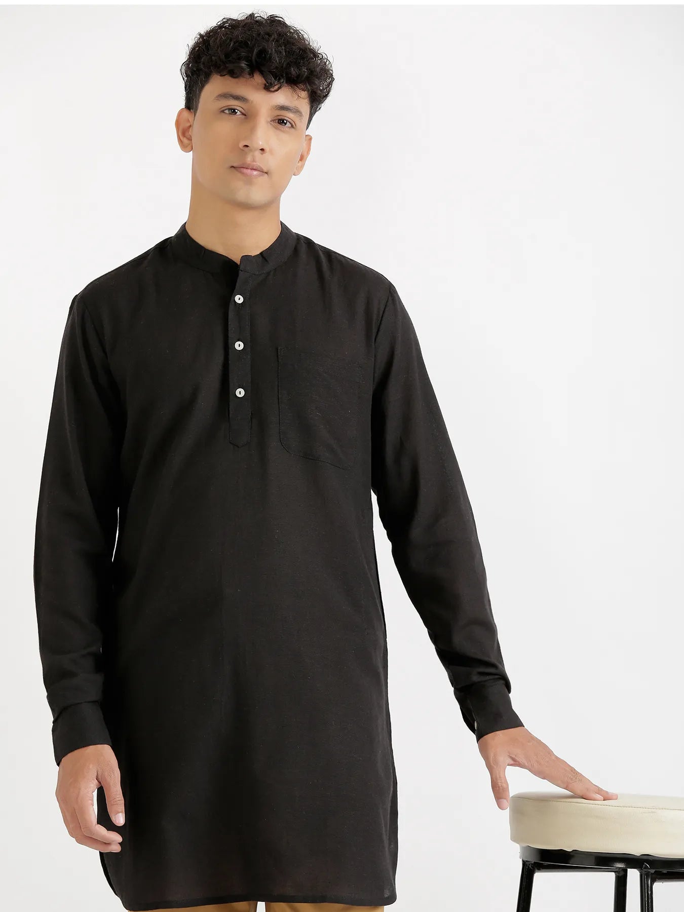 Men Black Flowy Linen Long Kurta
