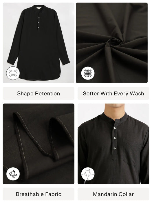 Men Black Flowy Linen Long Kurta