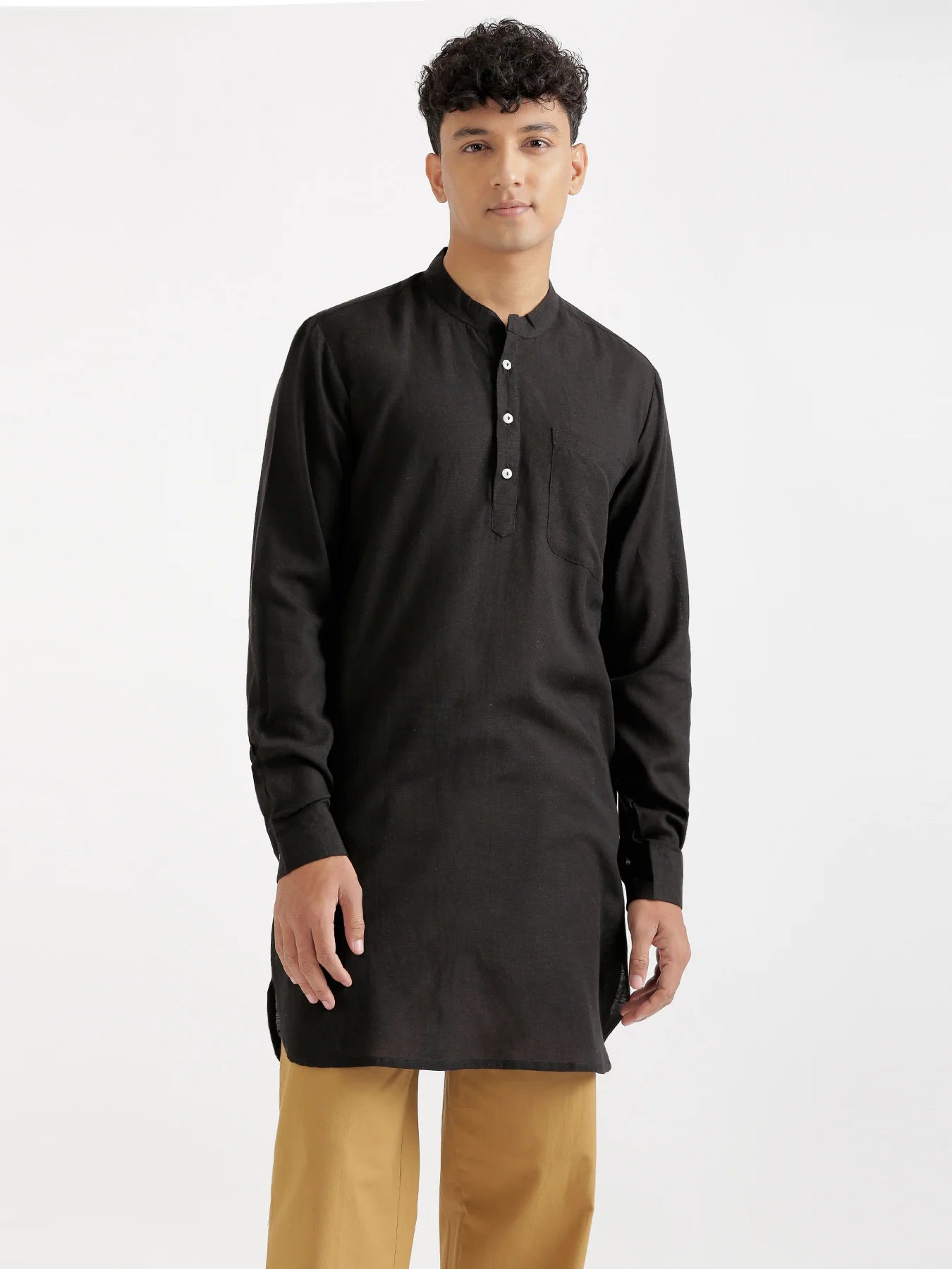 Men Black Flowy Linen Long Kurta