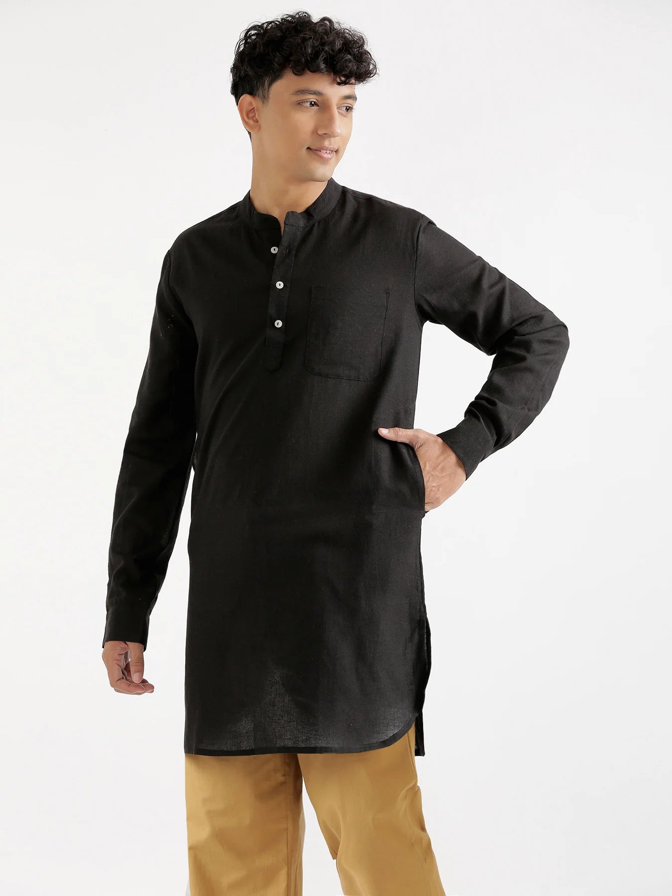 Men Black Flowy Linen Long Kurta