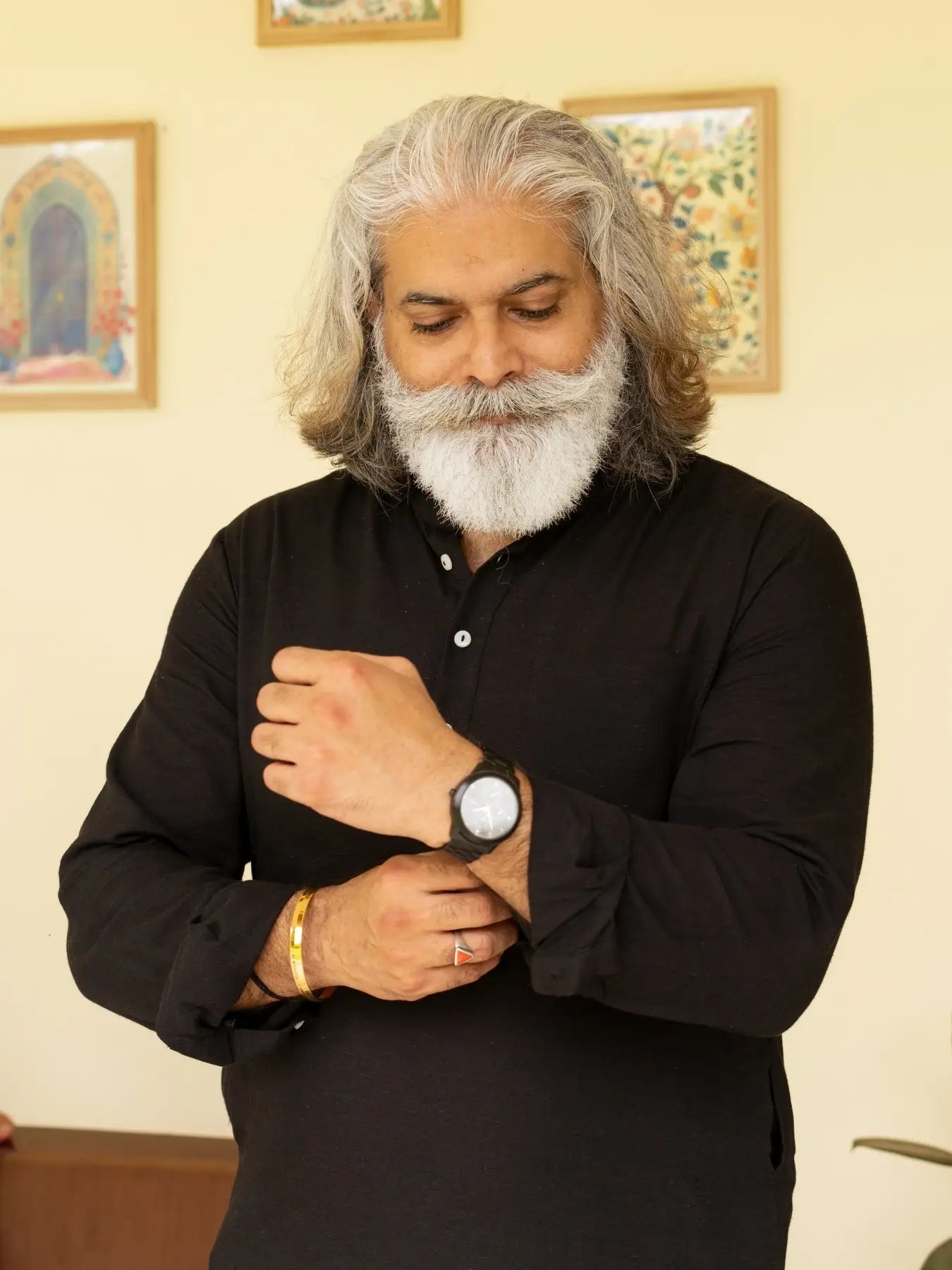 Men Black Flowy Linen Long Kurta