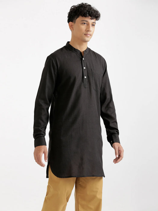 Men Black Flowy Linen Long Kurta