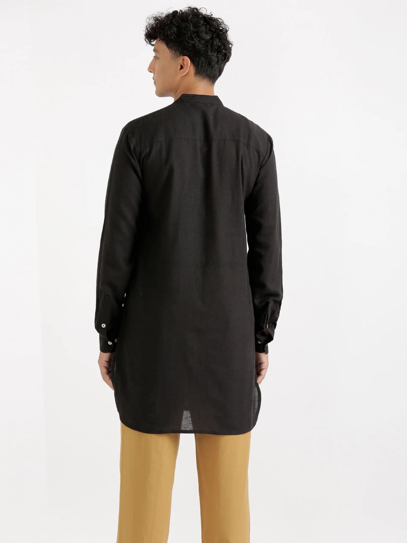 Men Black Flowy Linen Long Kurta