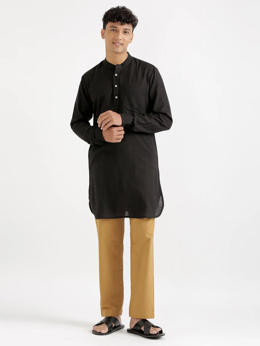 Men Black Flowy Linen Long Kurta