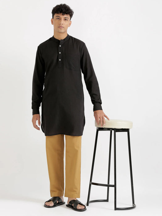 Men Black Flowy Linen Long Kurta