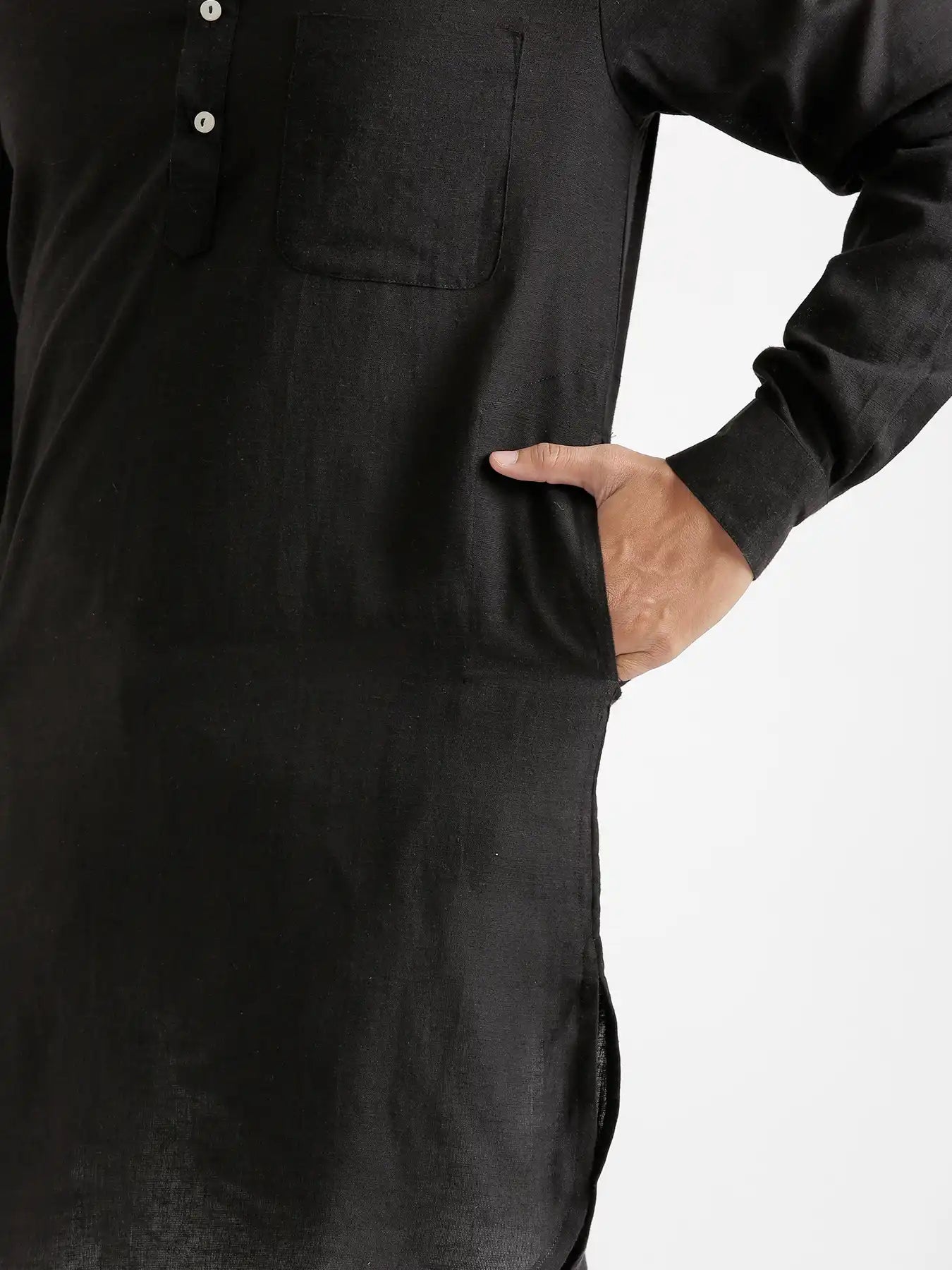 Men Black Flowy Linen Long Kurta