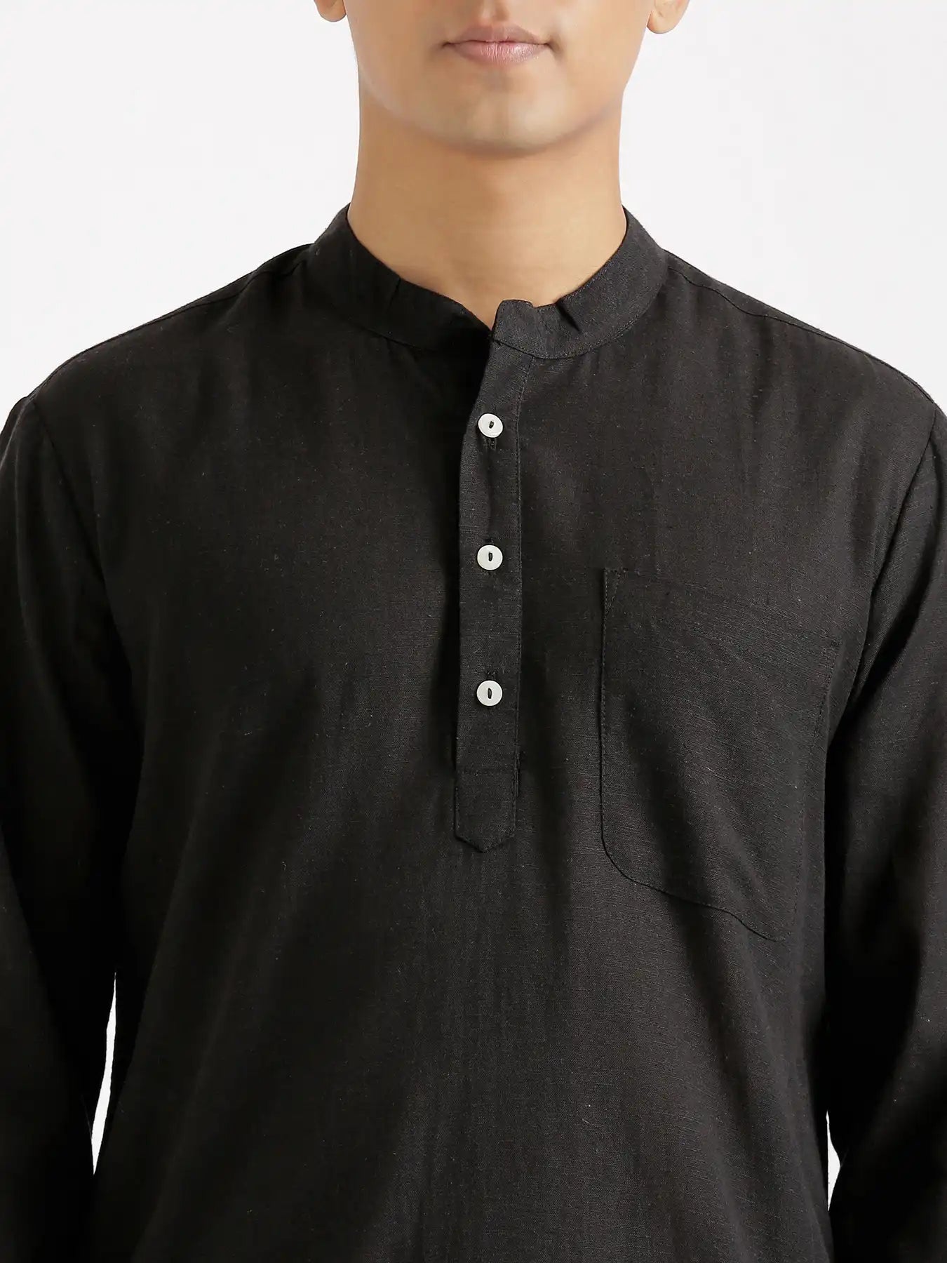 Men Black Flowy Linen Long Kurta