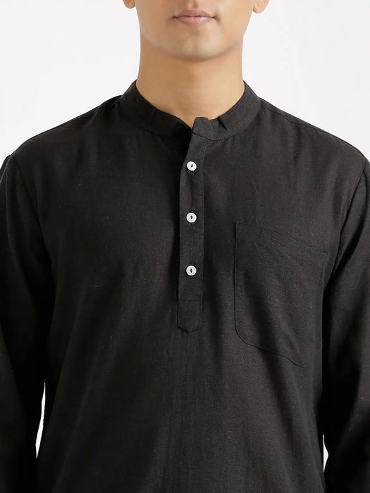 Men Black Flowy Linen Long Kurta
