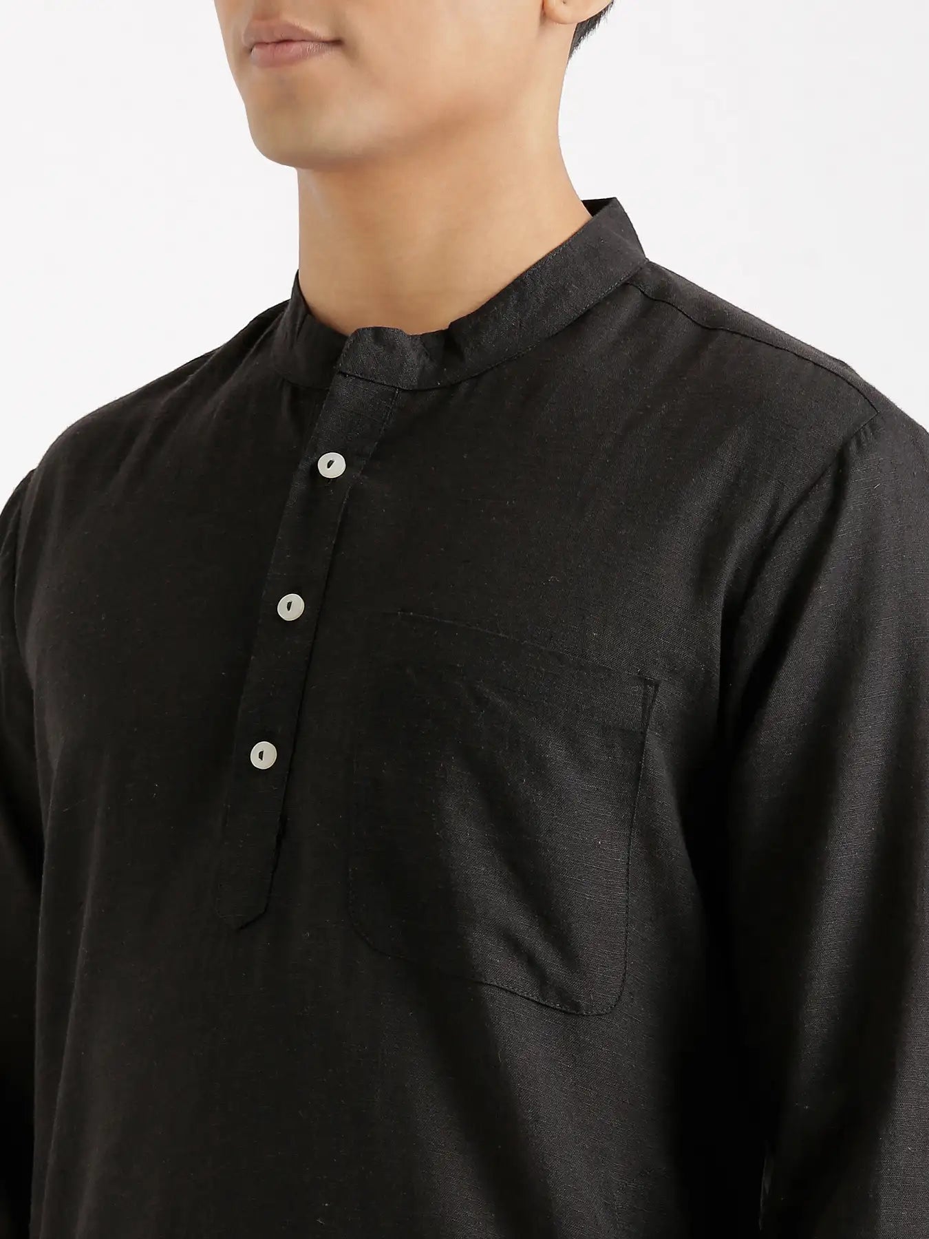 Men Black Flowy Linen Long Kurta