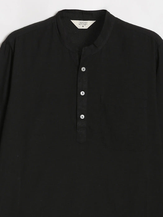 Men Black Flowy Linen Long Kurta
