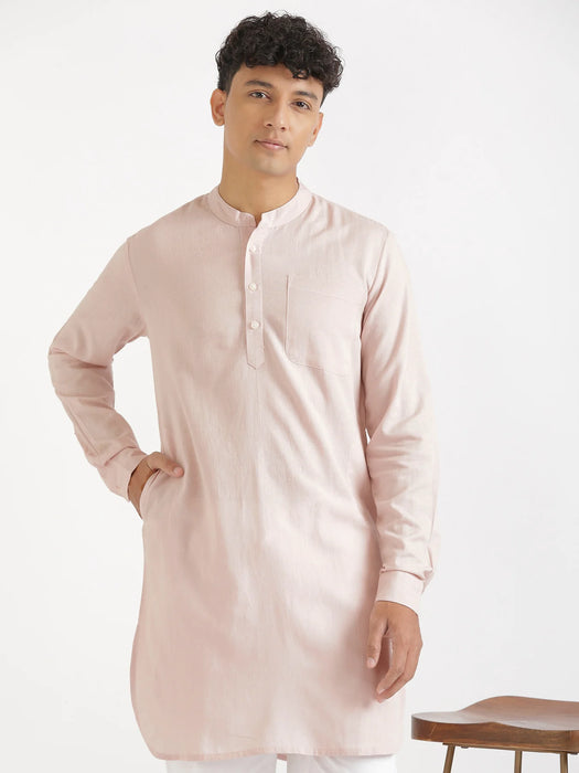 Men Blush Pink Flowy Linen Long Kurta