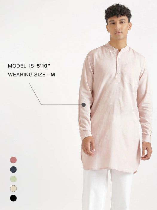 Men Blush Pink Flowy Linen Long Kurta