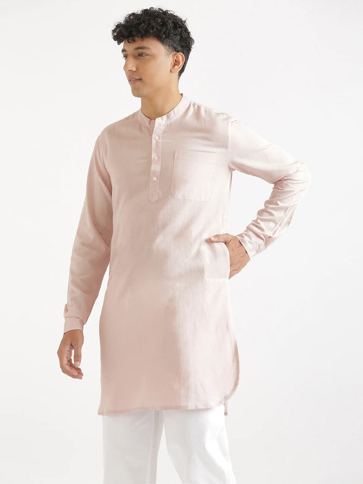 Men Blush Pink Flowy Linen Long Kurta