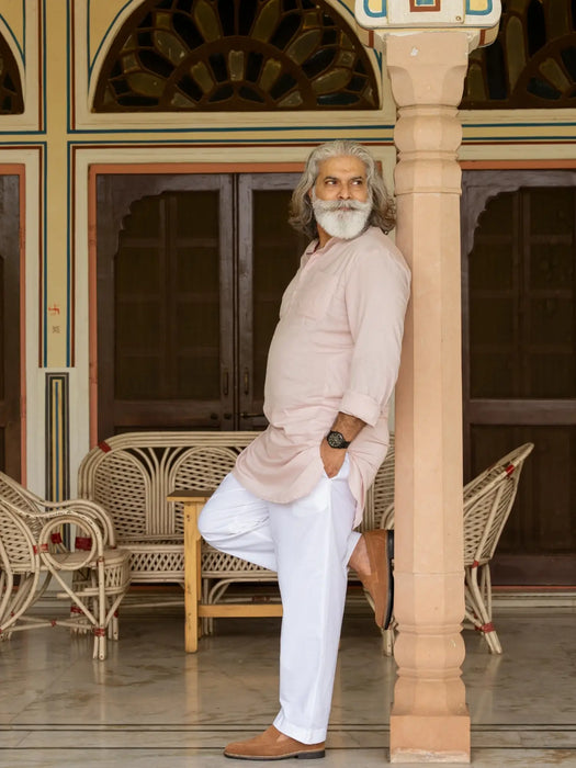 Men Blush Pink Flowy Linen Long Kurta