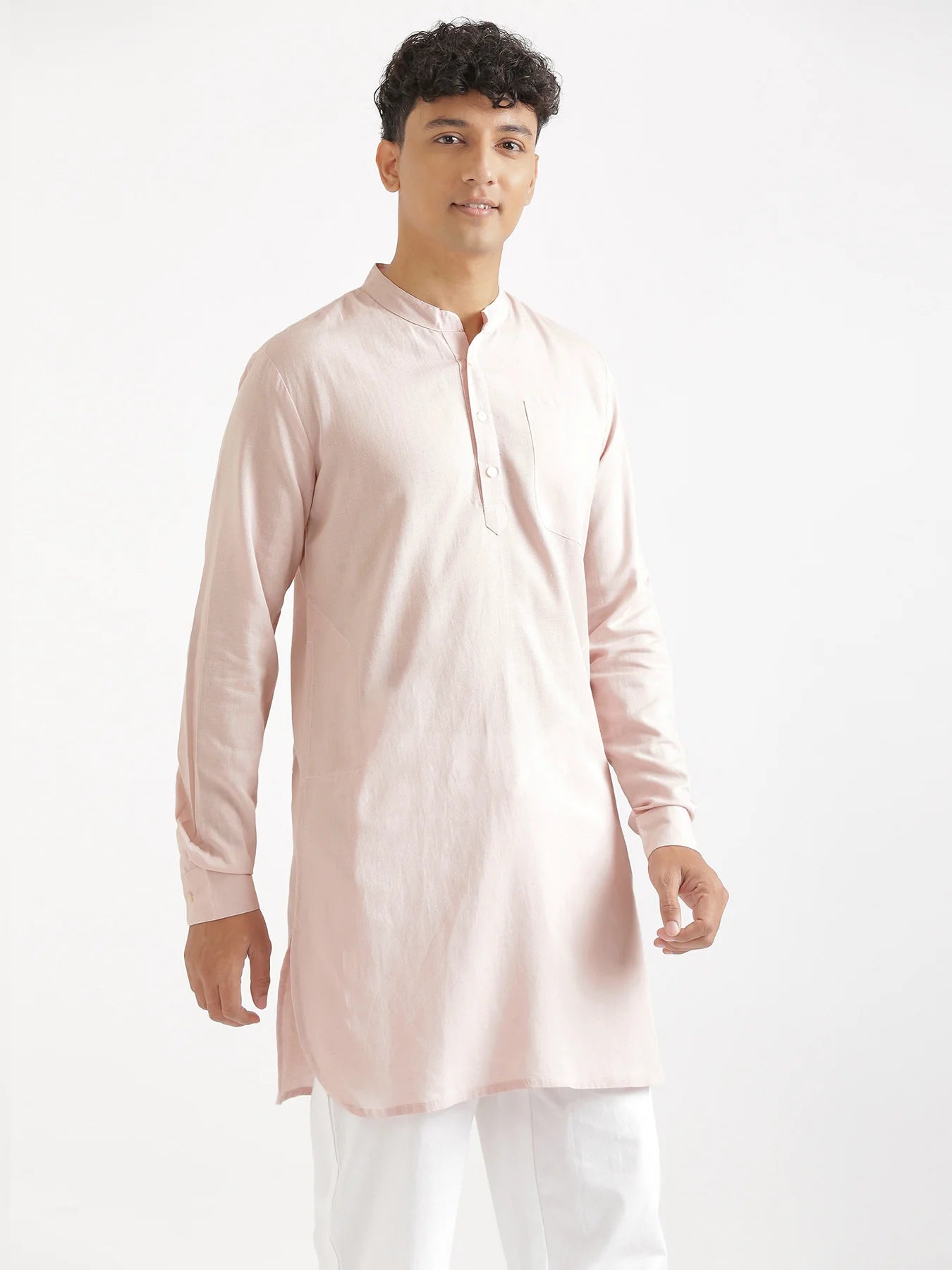 Men Blush Pink Flowy Linen Long Kurta