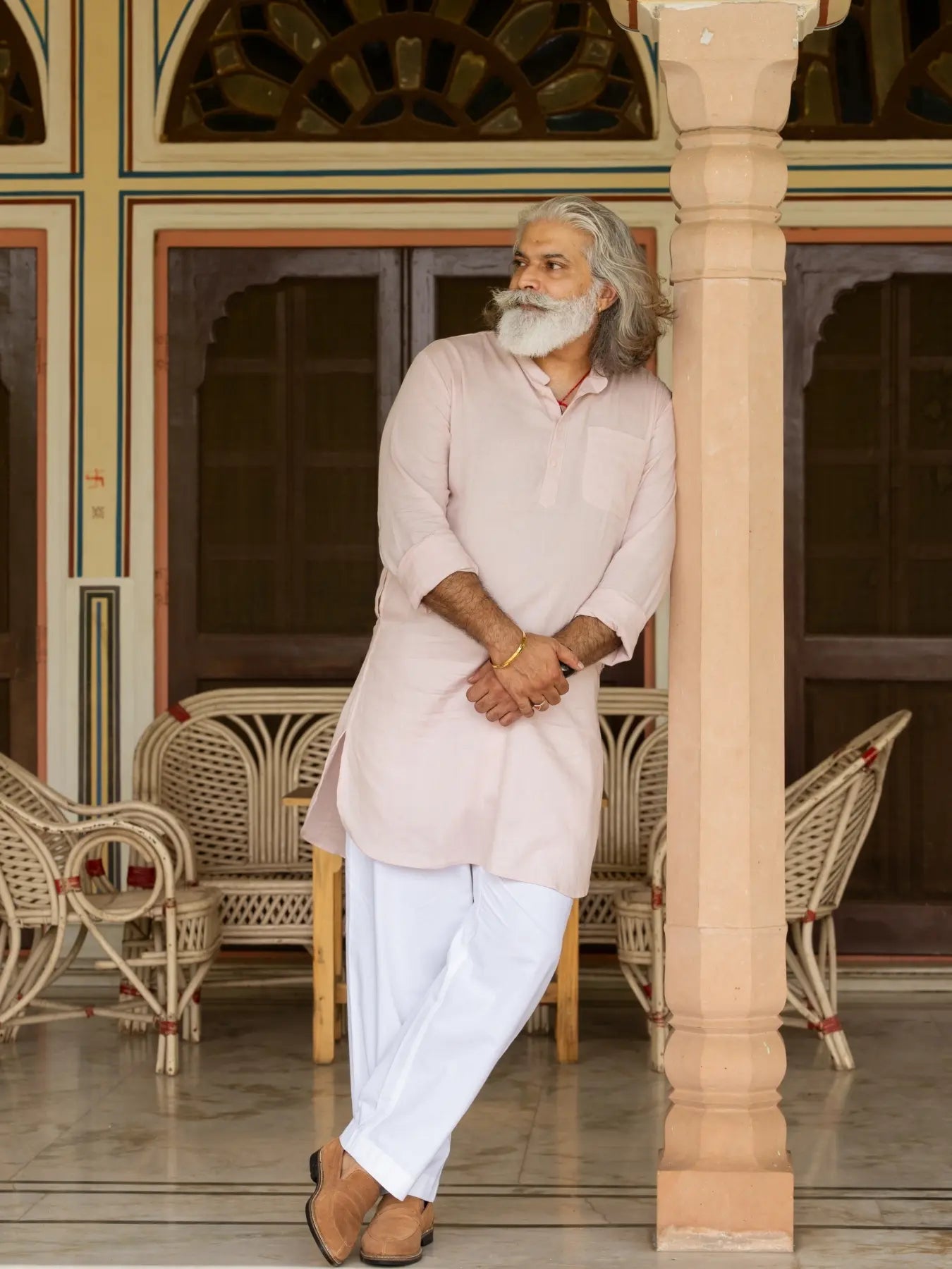 Men Blush Pink Flowy Linen Long Kurta