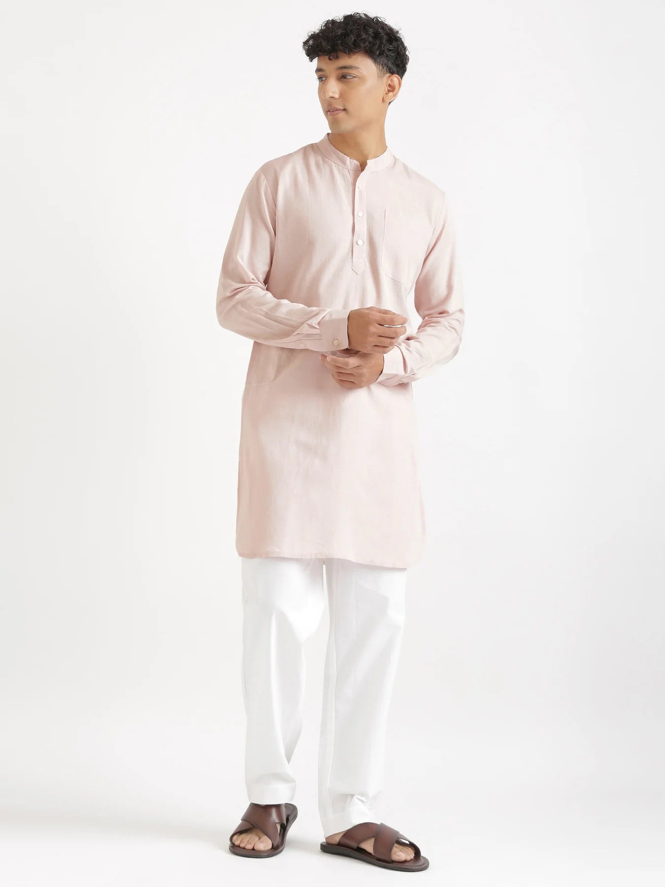 Men Blush Pink Flowy Linen Long Kurta