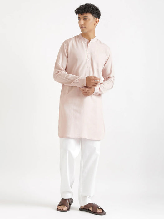 Men Blush Pink Flowy Linen Long Kurta