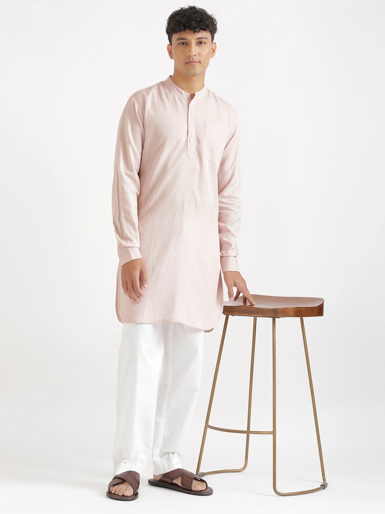 Men Blush Pink Flowy Linen Long Kurta