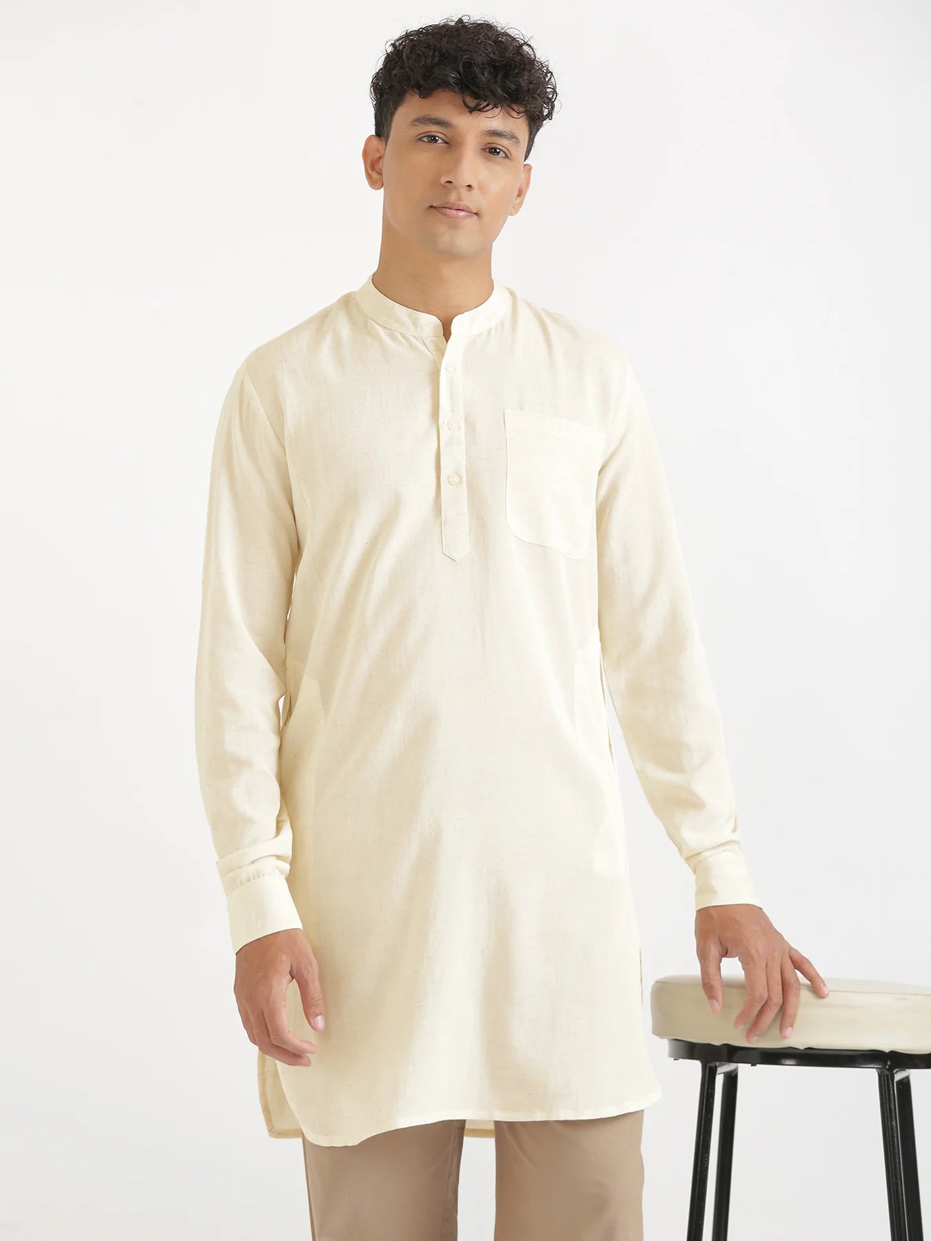 Men Ecru Flowy Linen Long Kurta