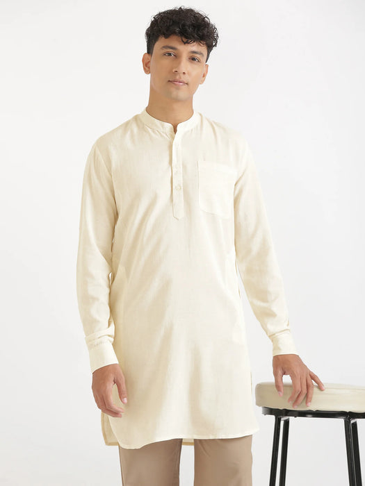 Men Ecru Flowy Linen Long Kurta