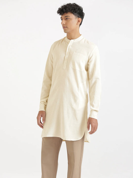 Men Ecru Flowy Linen Long Kurta