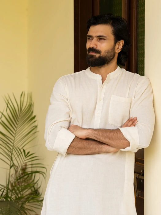 Men Ecru Flowy Linen Long Kurta