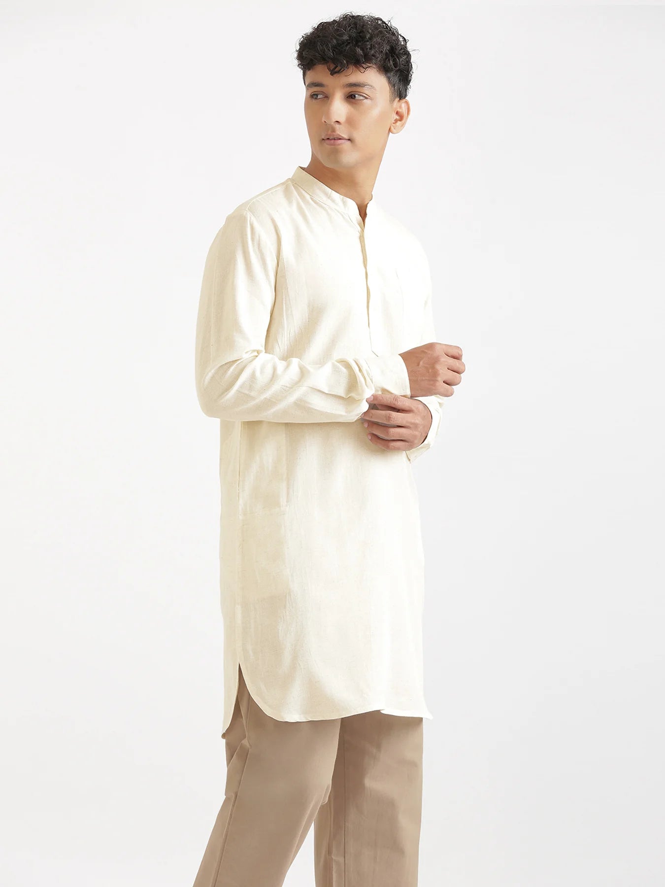 Men Ecru Flowy Linen Long Kurta