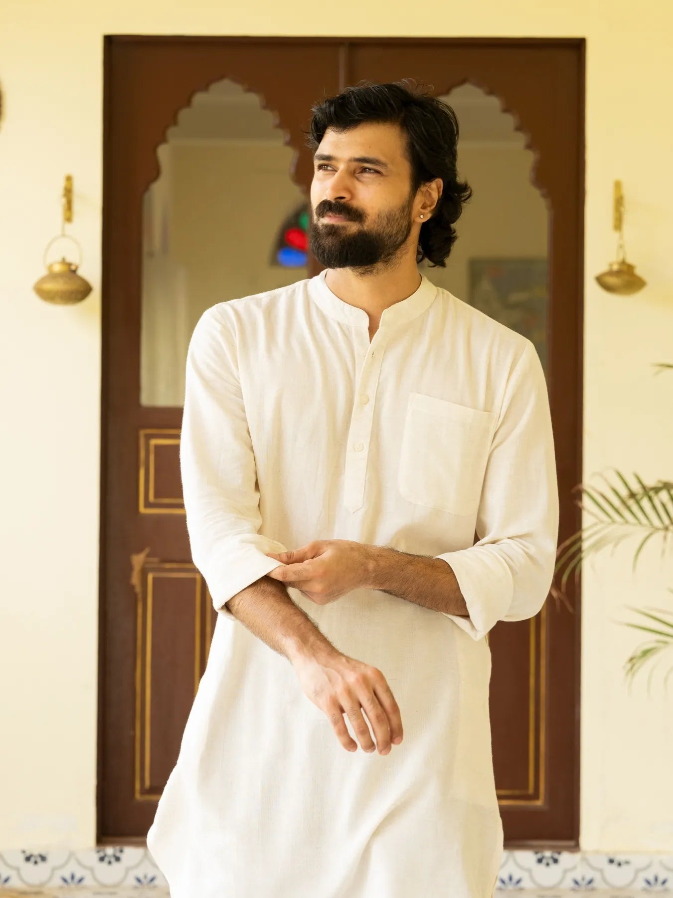 Men Ecru Flowy Linen Long Kurta