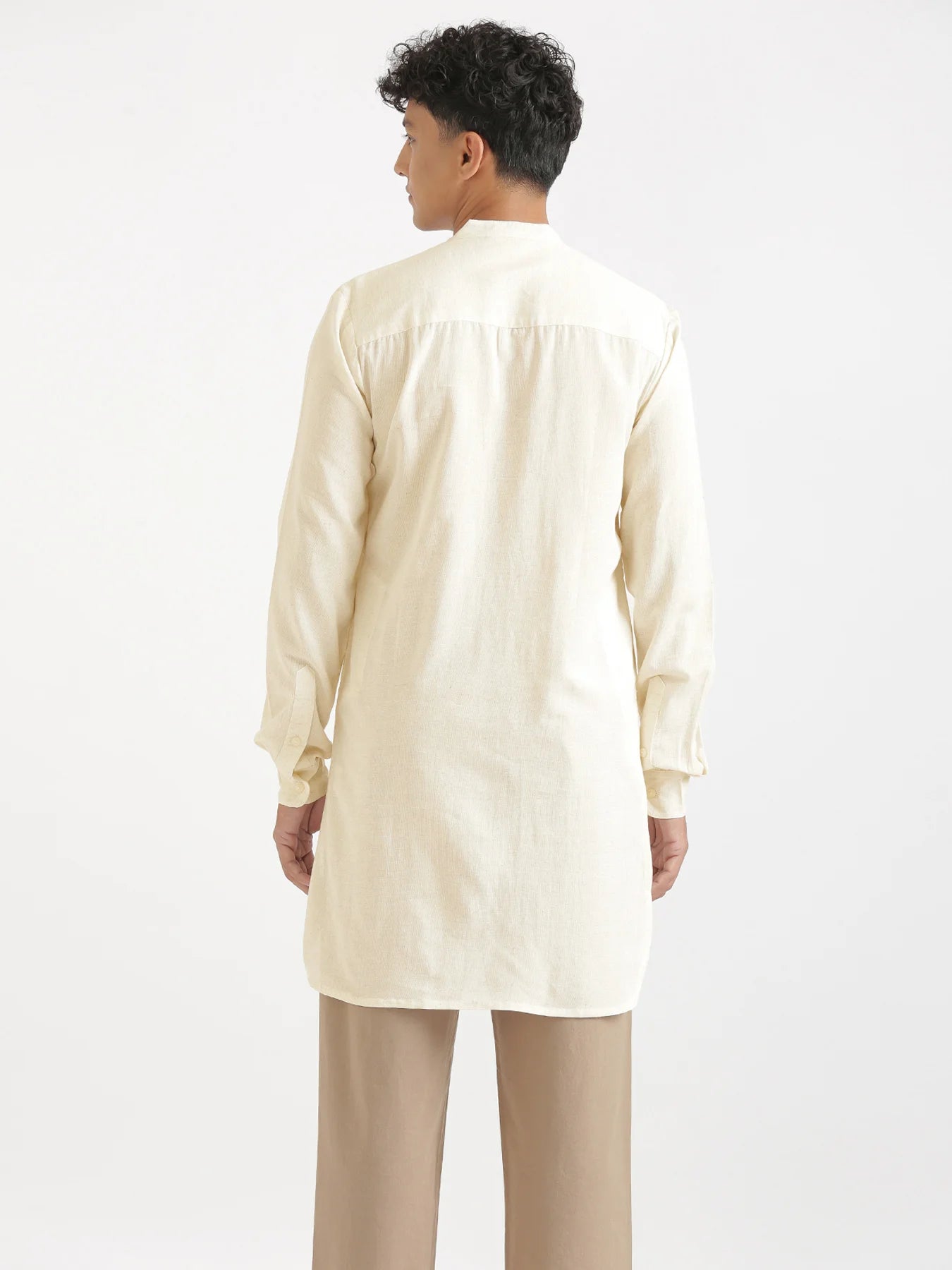 Men Ecru Flowy Linen Long Kurta