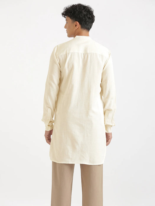 Men Ecru Flowy Linen Long Kurta