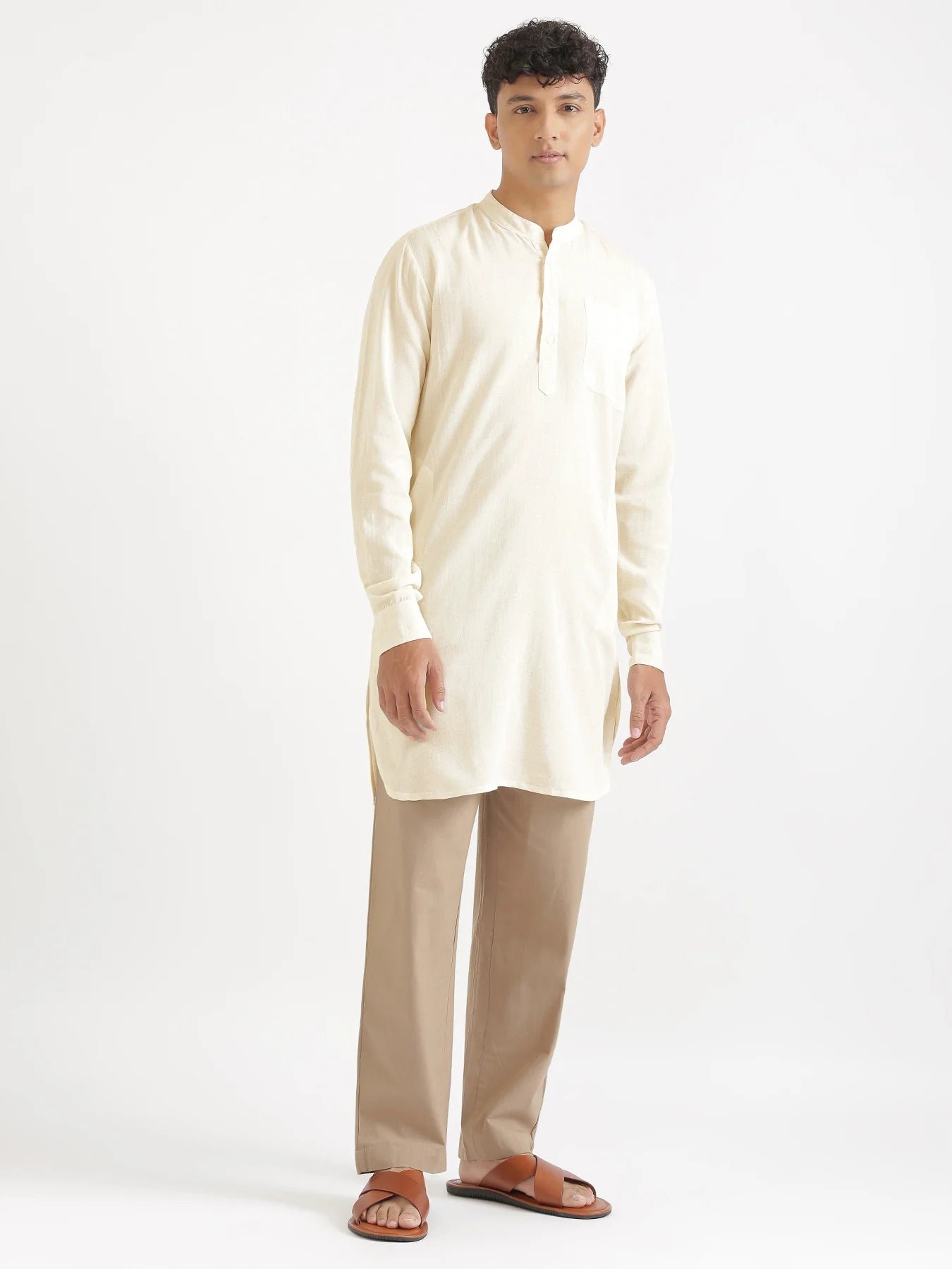 Men Ecru Flowy Linen Long Kurta