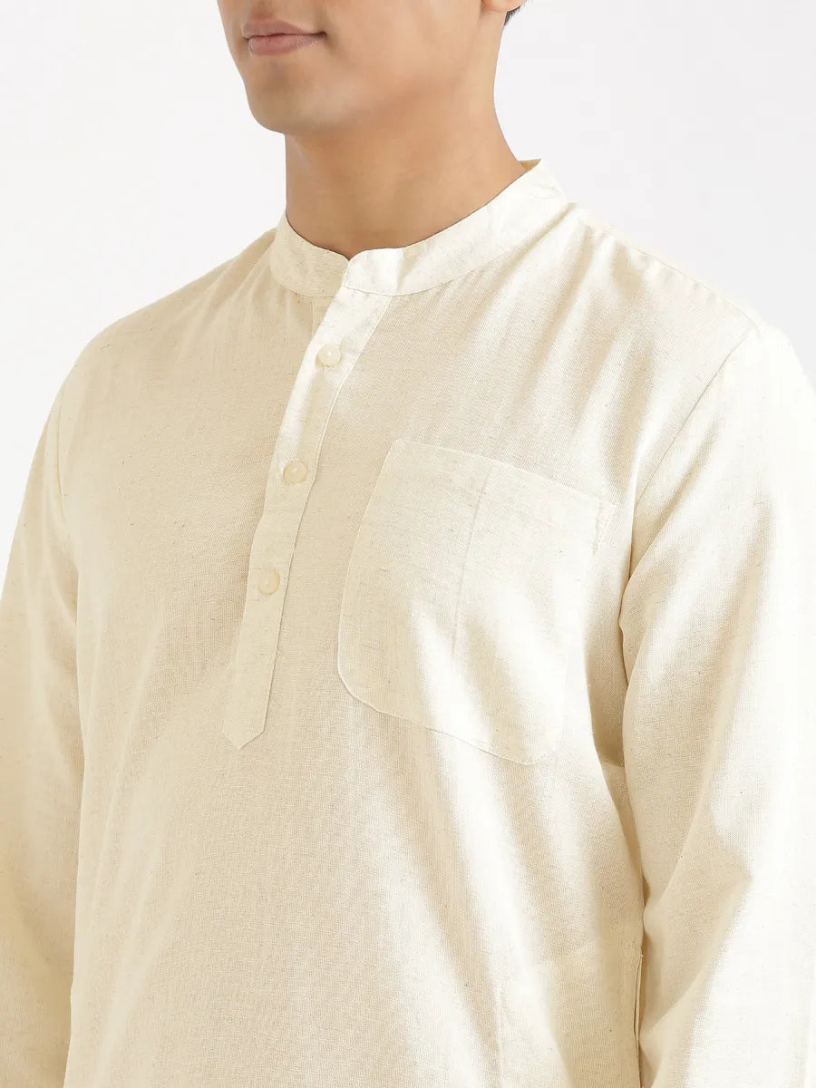 Men Ecru Flowy Linen Long Kurta