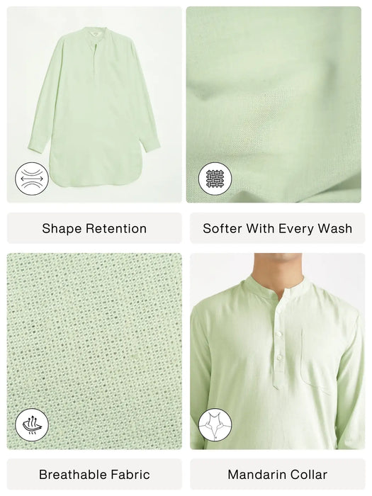 Men Mint Green Flowy Linen Long Kurta