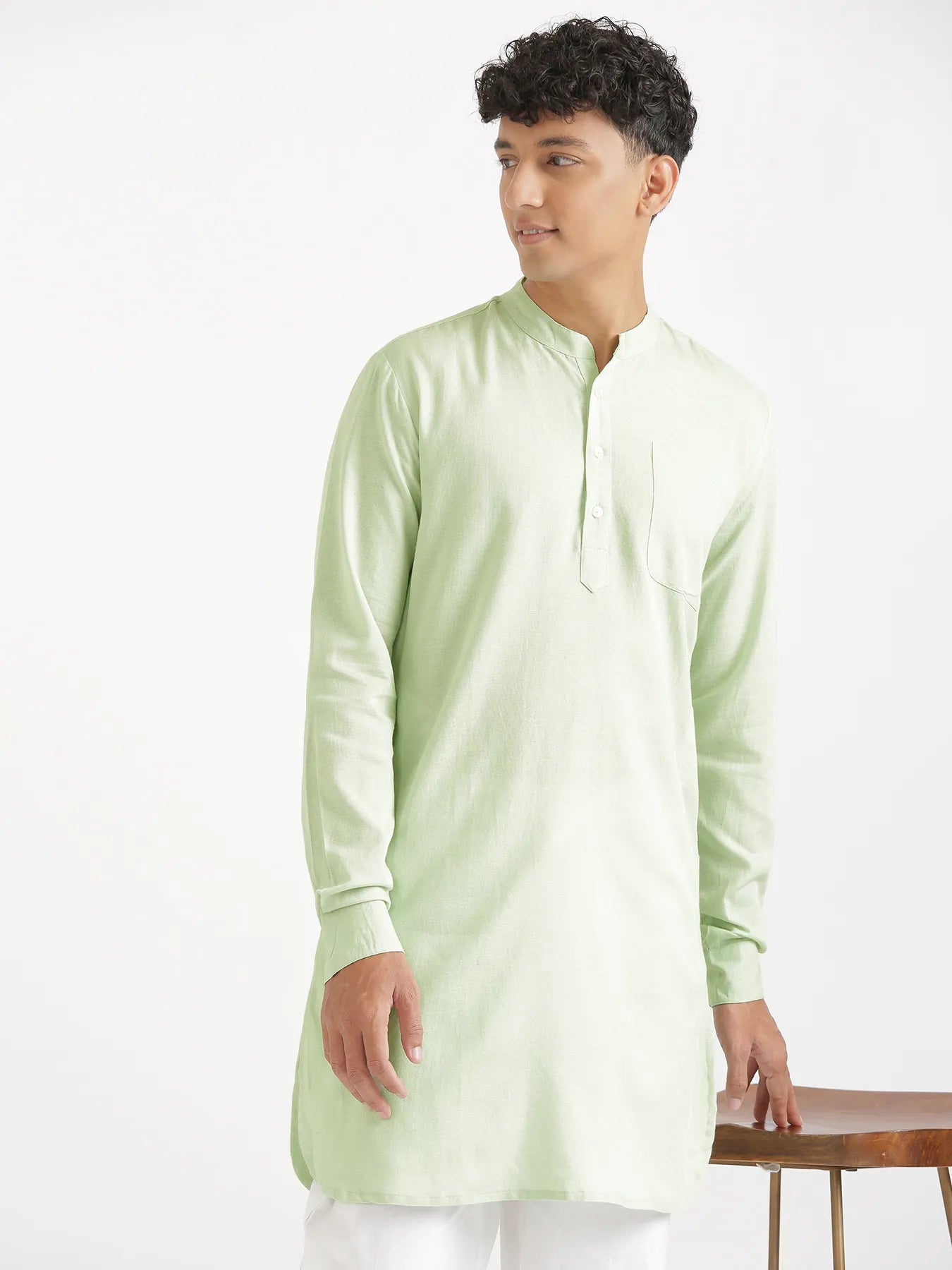 Men Mint Green Flowy Linen Long Kurta