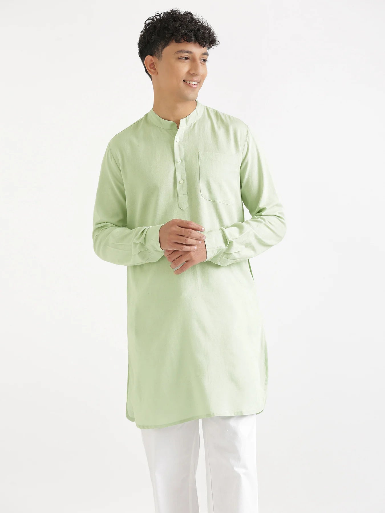 Men Mint Green Flowy Linen Long Kurta
