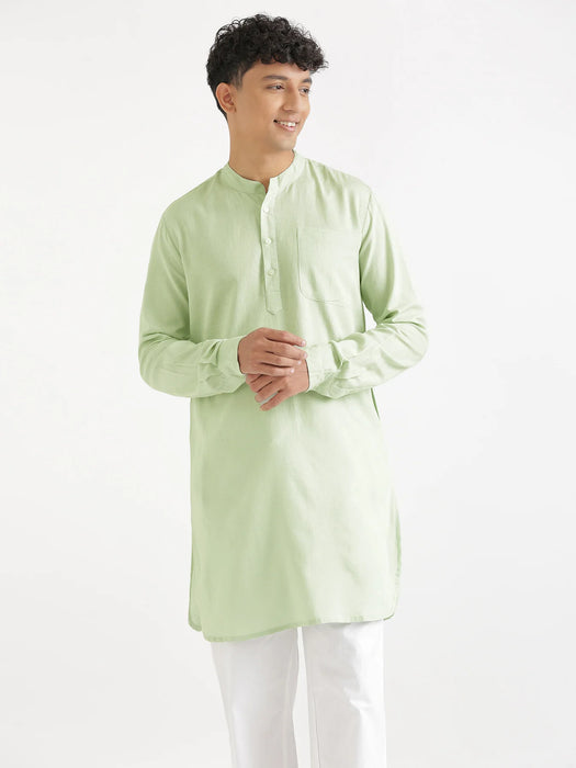 Men Mint Green Flowy Linen Long Kurta