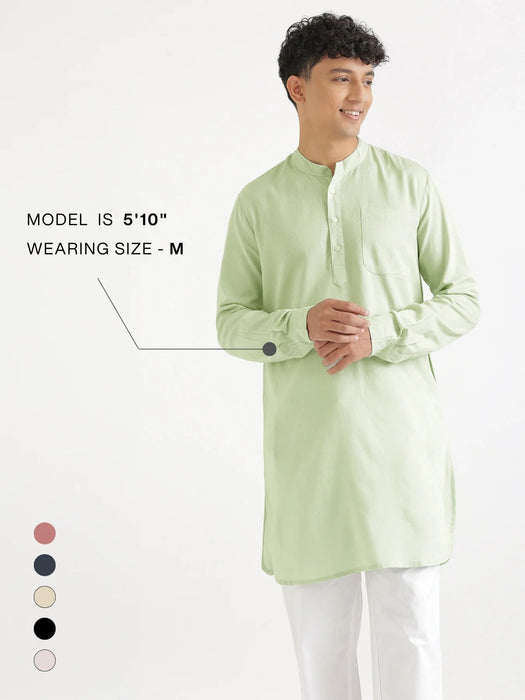 Men Mint Green Flowy Linen Long Kurta