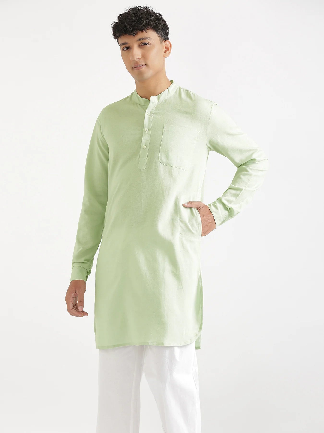 Men Mint Green Flowy Linen Long Kurta